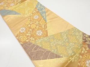 切りばめ風　花に古典柄模様織り出し　袋帯